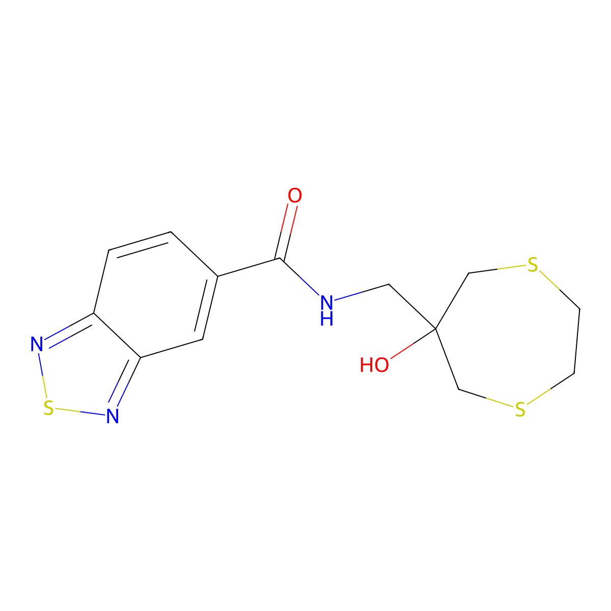N-[(6-Hydroxy-1,4-dithiepan-6-yl)methyl]-2,1,3-benzothiadiazole-5-carboxamide molecular structure, CAS 2415526-96-2
