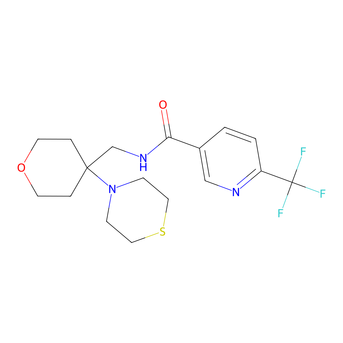 N-{[4-(thiomorpholin-4-yl)oxan-4-yl]methyl}-6-(trifluoromethyl)pyridine-3-carboxamide molecular structure, CAS 2415527-00-1