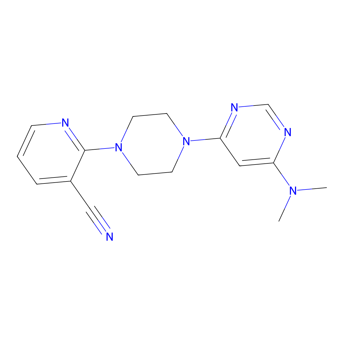 2-{4-[6-(Dimethylamino)pyrimidin-4-yl]piperazin-1-yl}pyridine-3-carbonitrile molecular structure, CAS 2415527-24-9