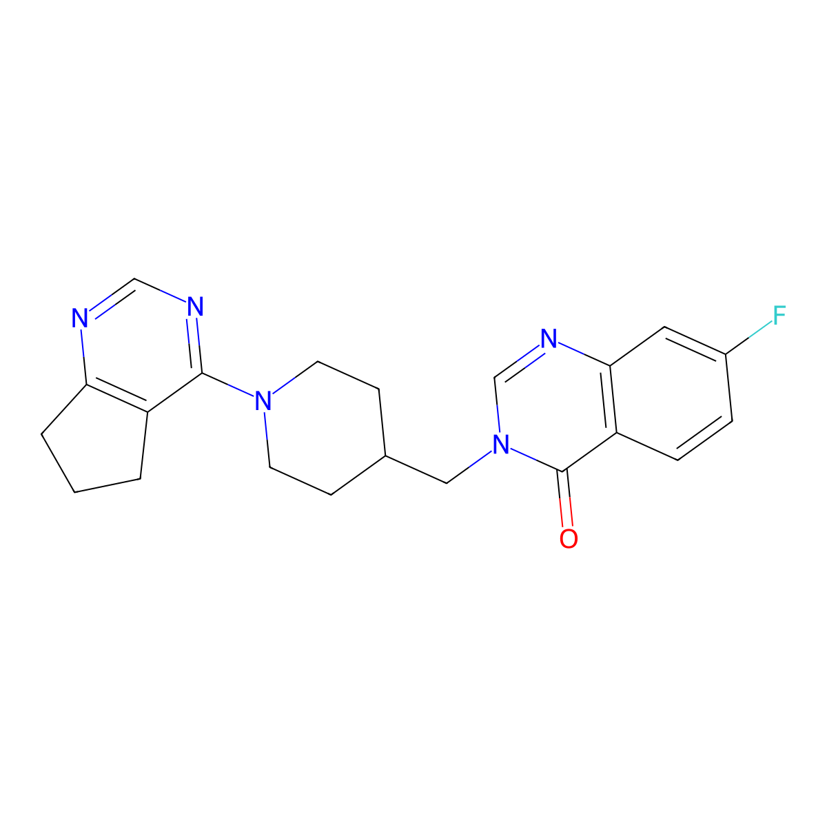 3-[(1-{5H,6H,7H-cyclopenta[d]pyrimidin-4-yl}piperidin-4-yl)methyl]-7-fluoro-3,4-dihydroquinazolin-4-one molecular structure, CAS 2415527-26-1
