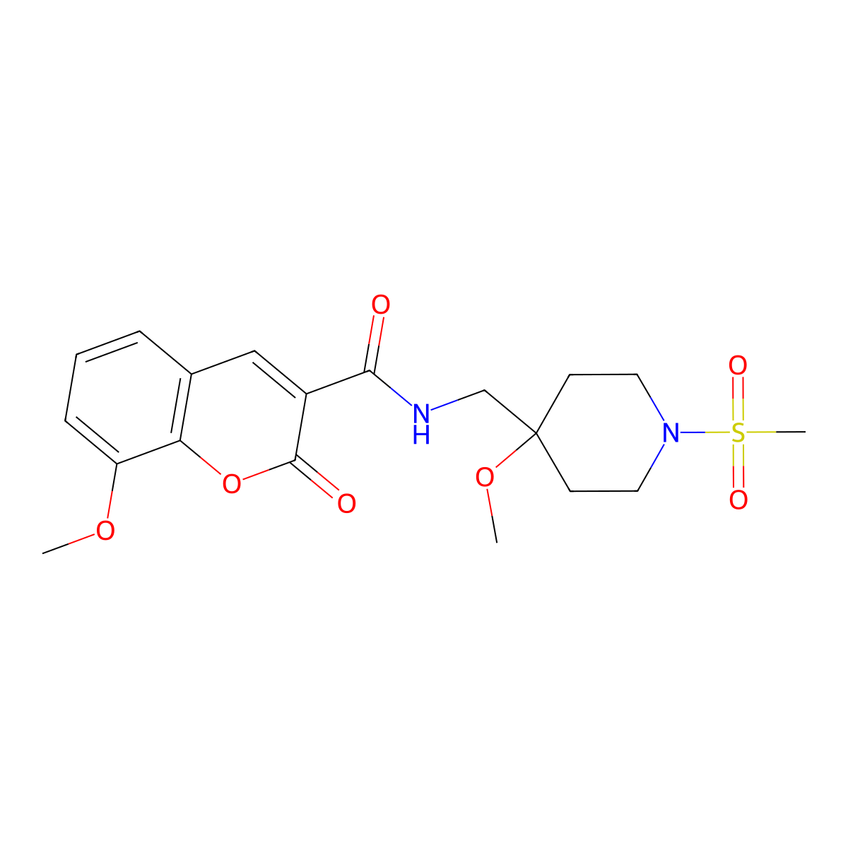 N-[(1-methanesulfonyl-4-methoxypiperidin-4-yl)methyl]-8-methoxy-2-oxo-2H-chromene-3-carboxamide molecular structure, CAS 2415527-38-5