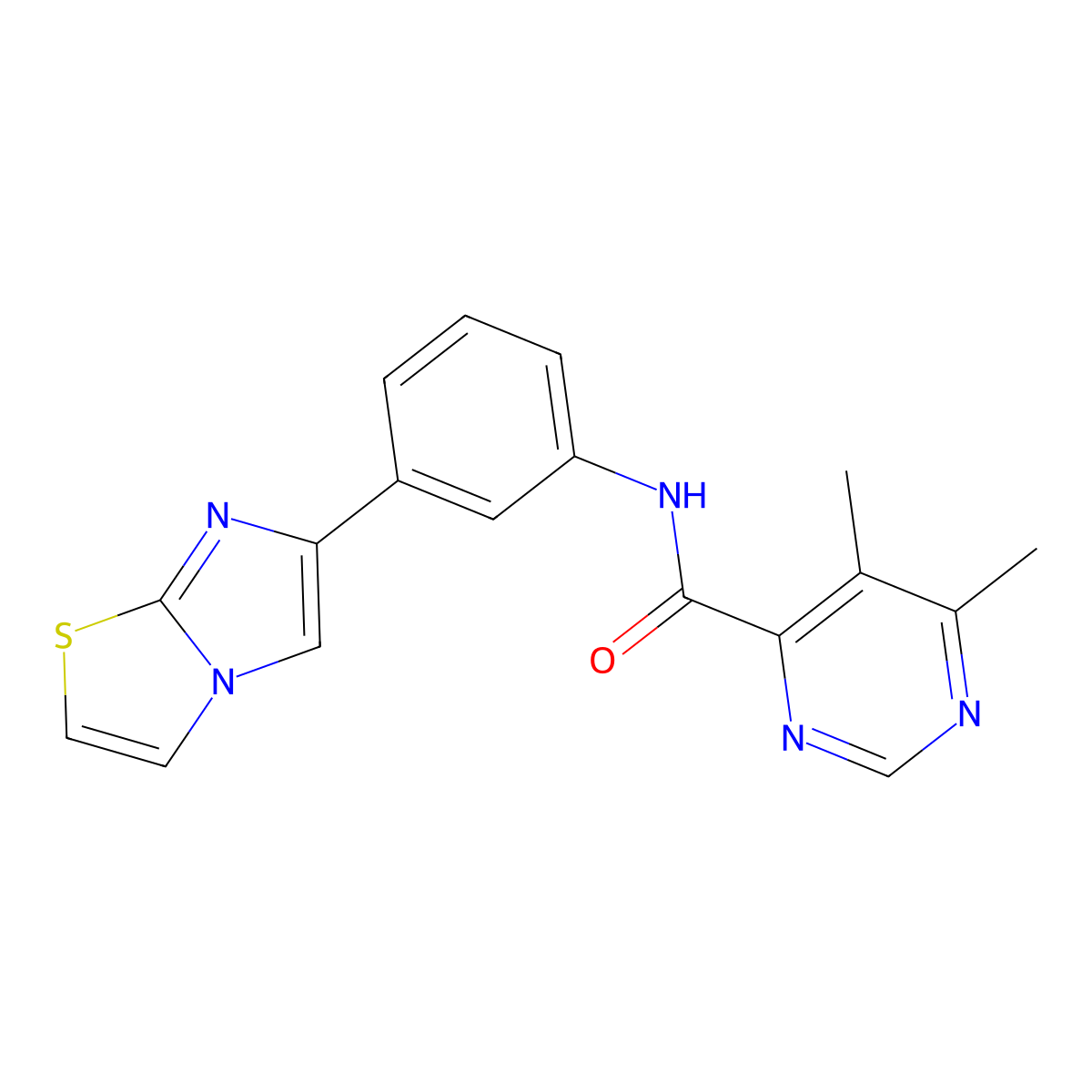 N-(3-{imidazo[2,1-b][1,3]thiazol-6-yl}phenyl)-5,6-dimethylpyrimidine-4-carboxamide molecular structure, CAS 2415527-39-6