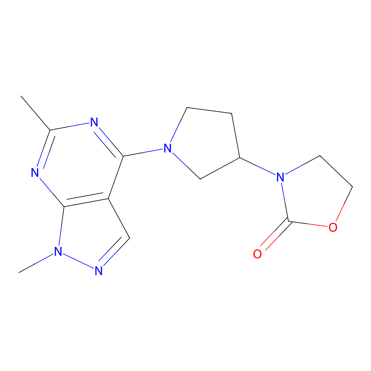 3-(1-{1,6-dimethyl-1H-pyrazolo[3,4-d]pyrimidin-4-yl}pyrrolidin-3-yl)-1,3-oxazolidin-2-one molecular structure, CAS 2415530-55-9