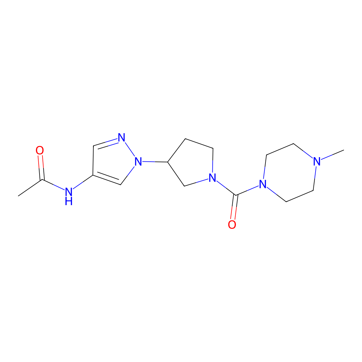 N-{1-[1-(4-methylpiperazine-1-carbonyl)pyrrolidin-3-yl]-1H-pyrazol-4-yl}acetamide molecular structure, CAS 2415530-67-3