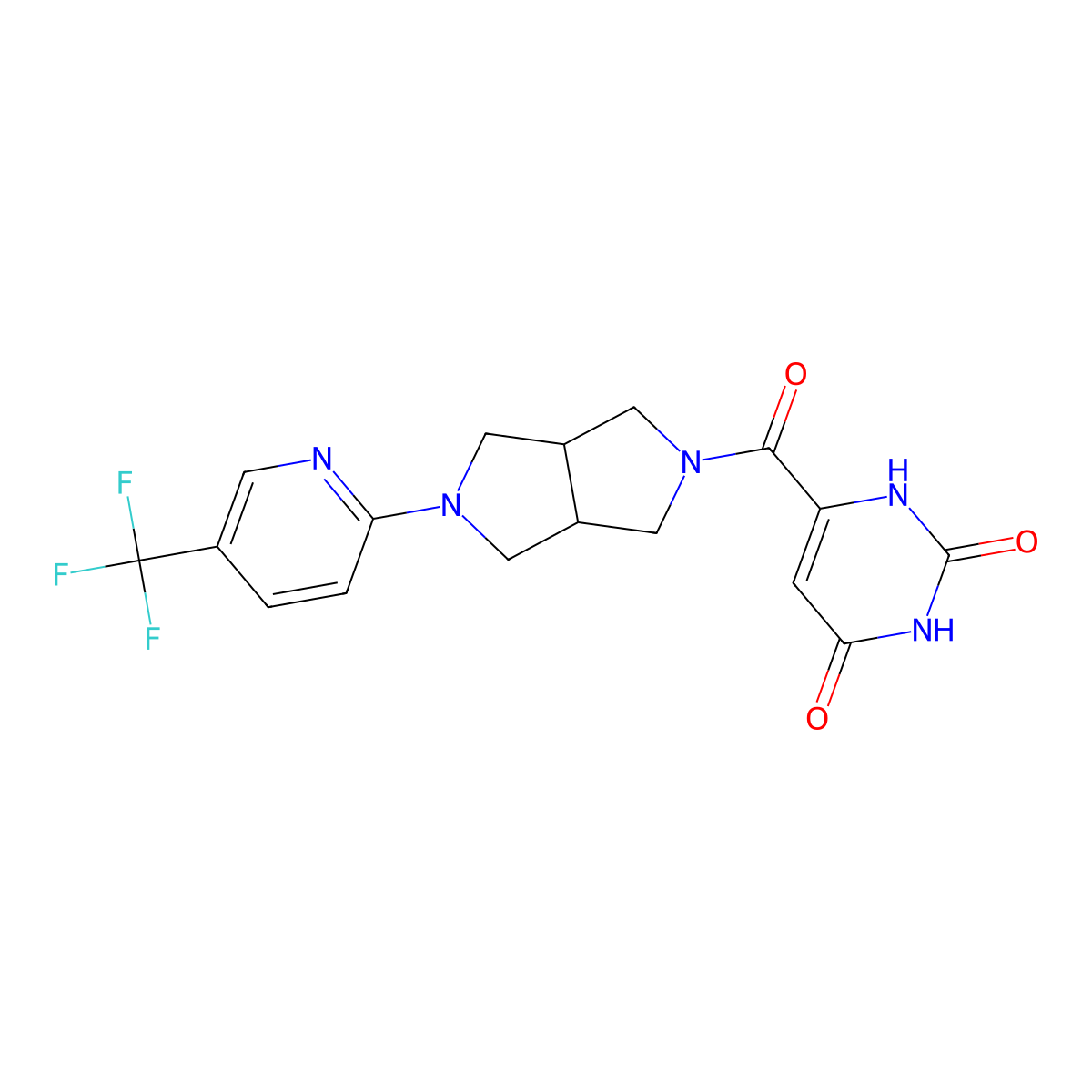 6-{5-[5-(Trifluoromethyl)pyridin-2-yl]-octahydropyrrolo[3,4-c]pyrrole-2-carbonyl}-1,2,3,4-tetrahydropyrimidine-2,4-dione molecular structure, CAS 2415530-68-4