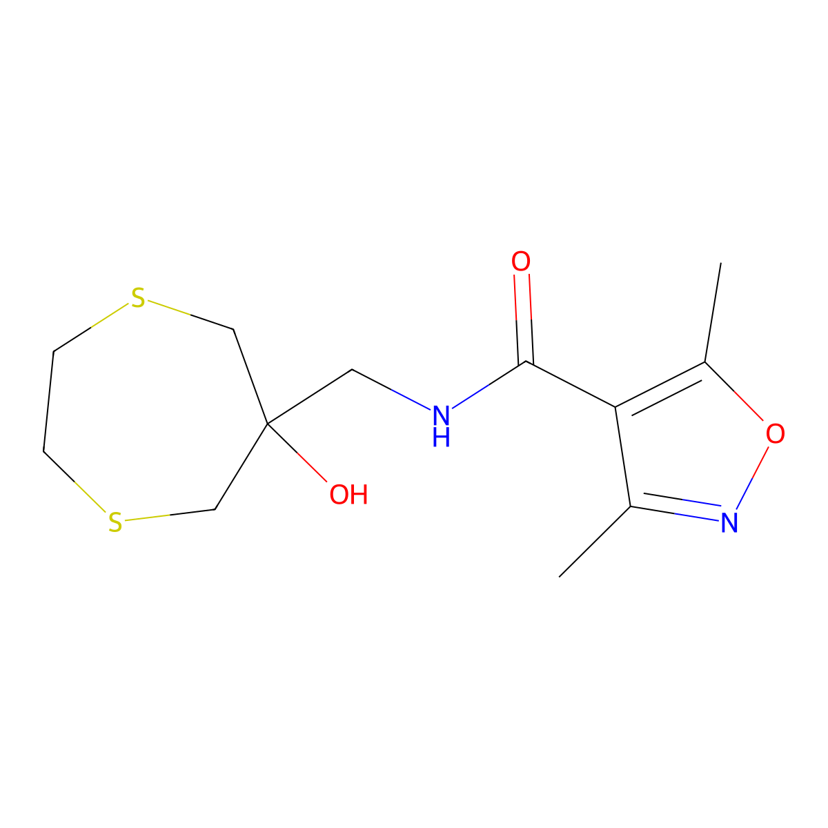 N-[(6-Hydroxy-1,4-dithiepan-6-yl)methyl]-3,5-dimethyl-1,2-oxazole-4-carboxamide molecular structure, CAS 2415530-75-3
