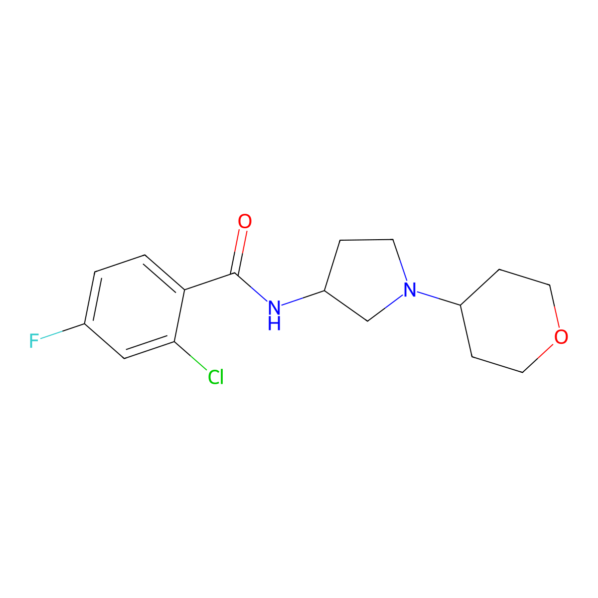 2-Chloro-4-fluoro-N-[1-(oxan-4-yl)pyrrolidin-3-yl]benzamide molecular structure, CAS 2415531-04-1