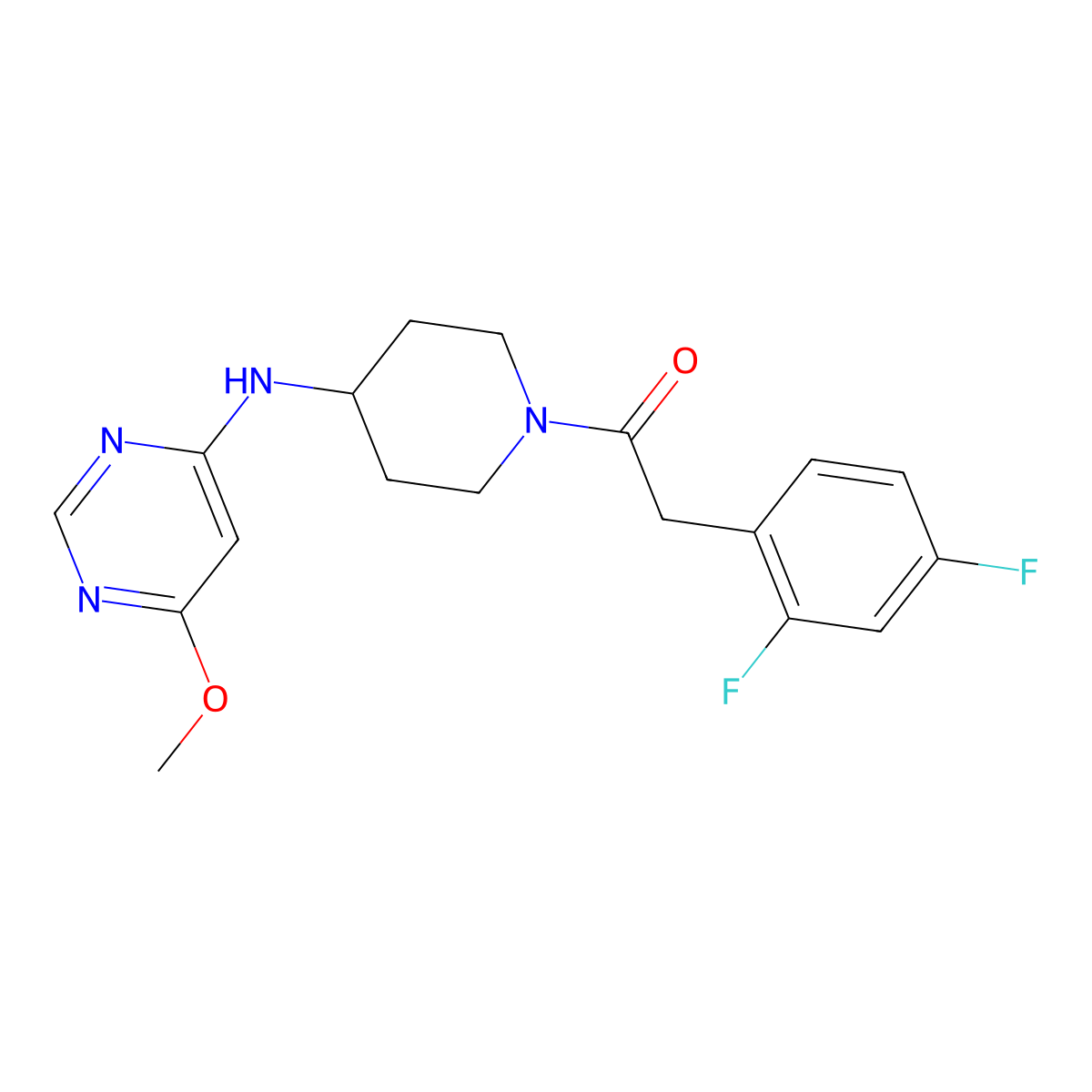 2-(2,4-Difluorophenyl)-1-{4-[(6-methoxypyrimidin-4-yl)amino]piperidin-1-yl}ethan-1-one molecular structure, CAS 2415531-05-2