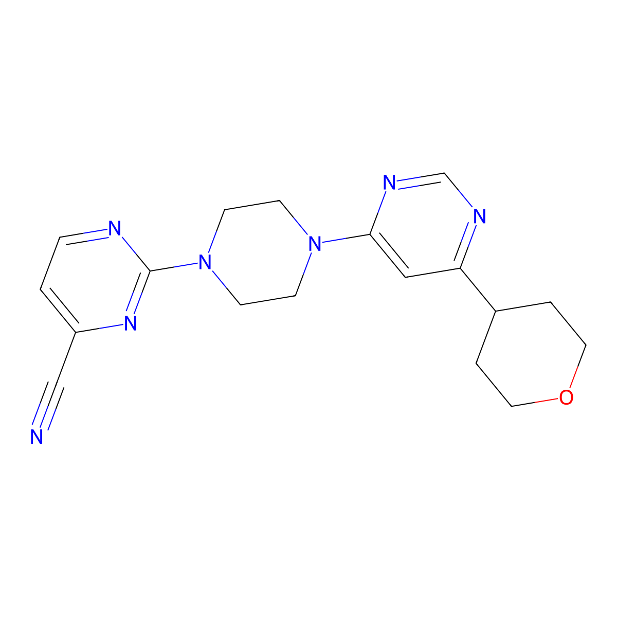 2-[4-[6-(Oxan-4-yl)pyrimidin-4-yl]piperazin-1-yl]pyrimidine-4-carbonitrile molecular structure, CAS 2415531-07-4