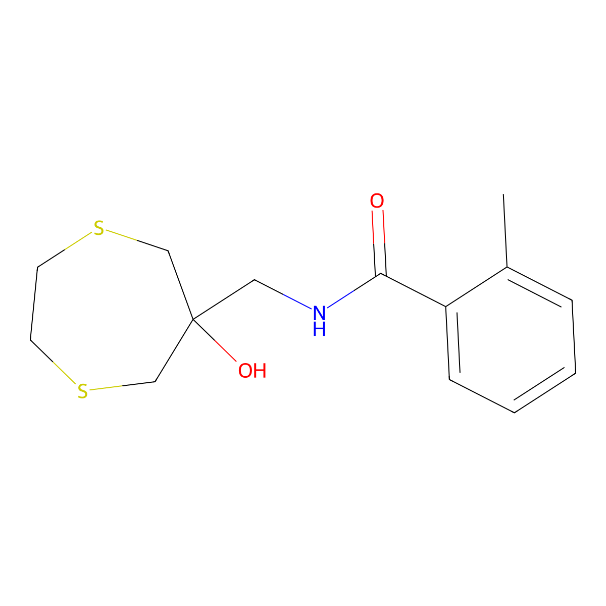 N-[(6-Hydroxy-1,4-dithiepan-6-yl)methyl]-2-methylbenzamide molecular structure, CAS 2415531-11-0
