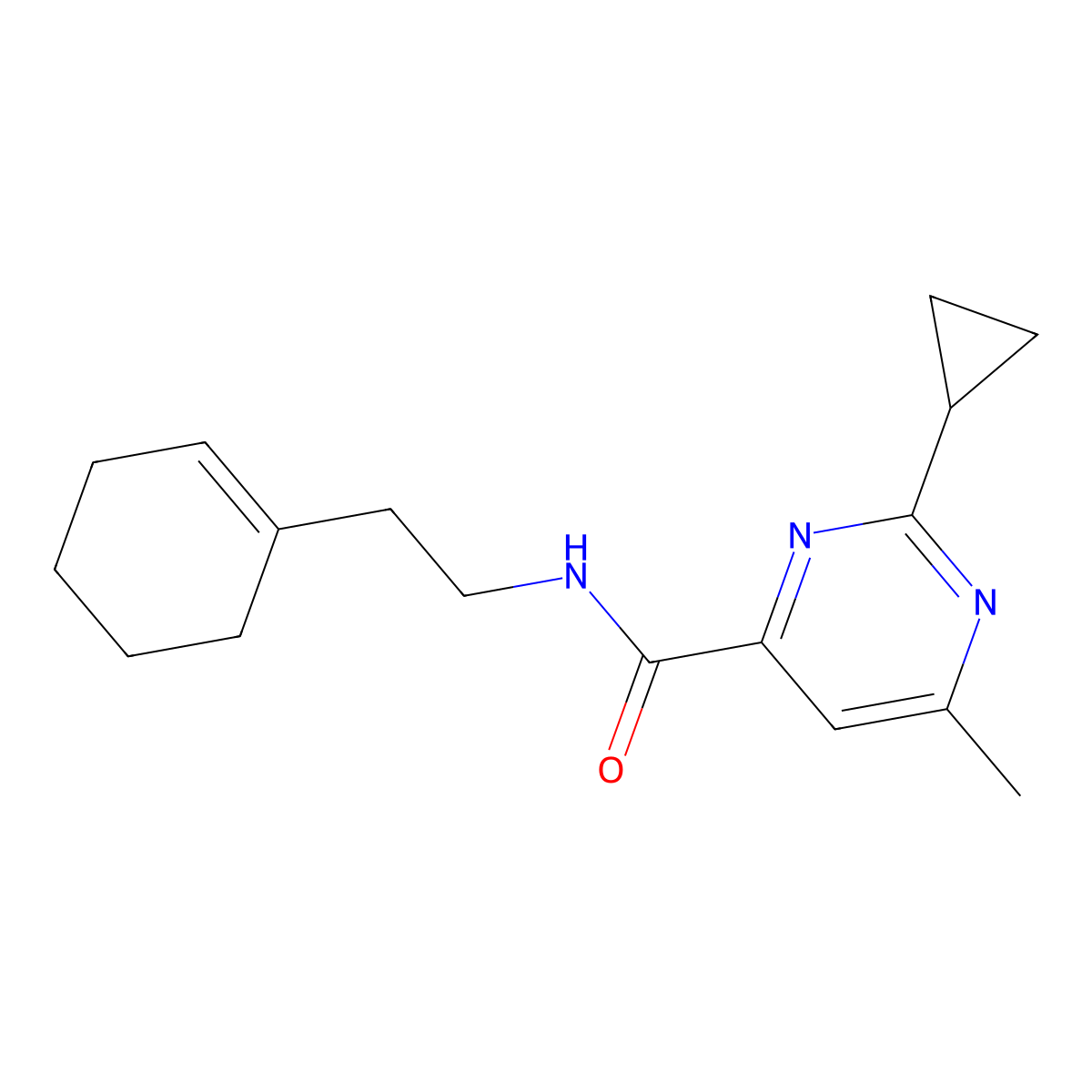 N-[2-(cyclohex-1-en-1-yl)ethyl]-2-cyclopropyl-6-methylpyrimidine-4-carboxamide molecular structure, CAS 2415531-15-4