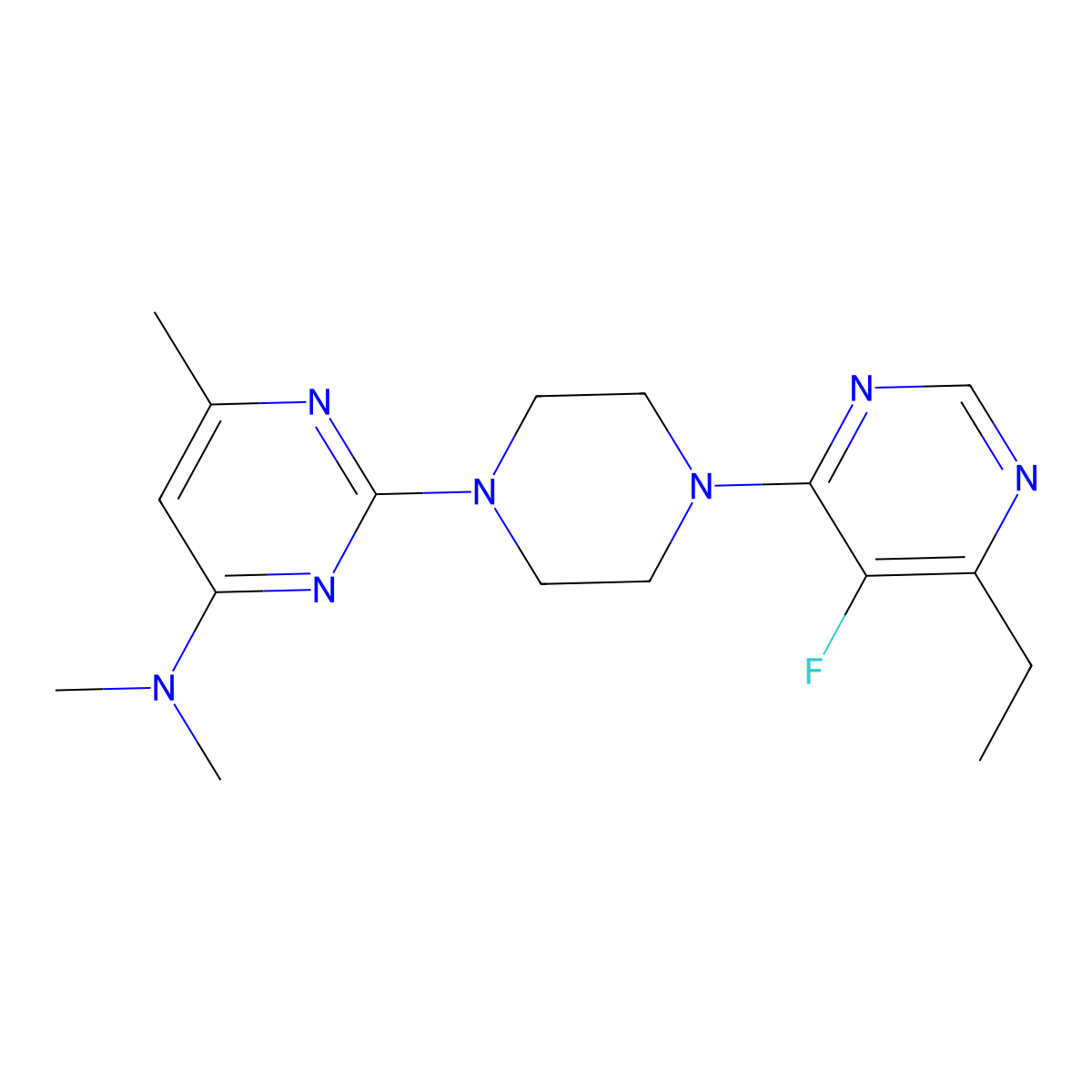 2-[4-(6-ethyl-5-fluoropyrimidin-4-yl)piperazin-1-yl]-N,N,6-trimethylpyrimidin-4-amine molecular structure, CAS 2415531-26-7