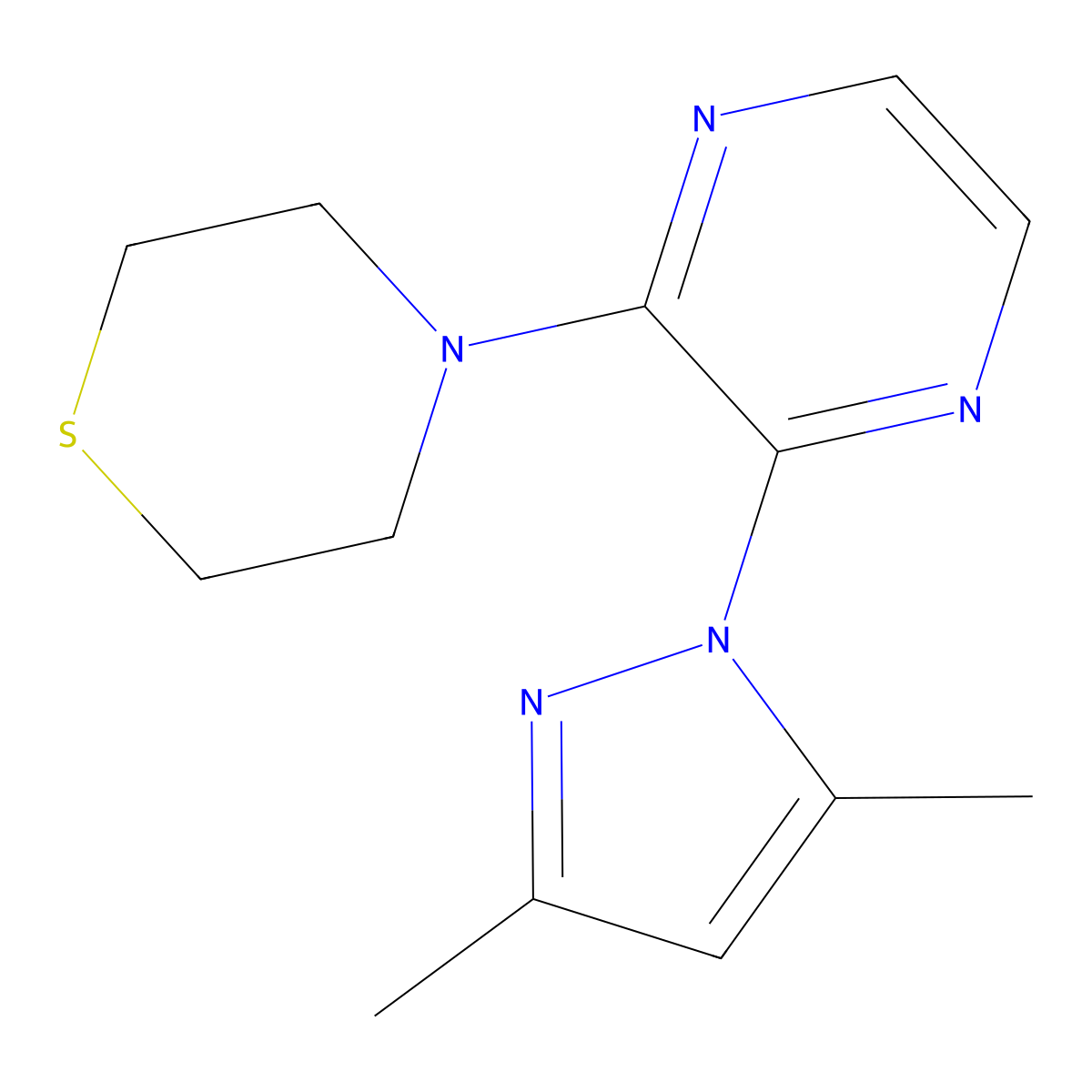 4-[3-(3,5-dimethyl-1H-pyrazol-1-yl)pyrazin-2-yl]thiomorpholine molecular structure, CAS 2415531-27-8
