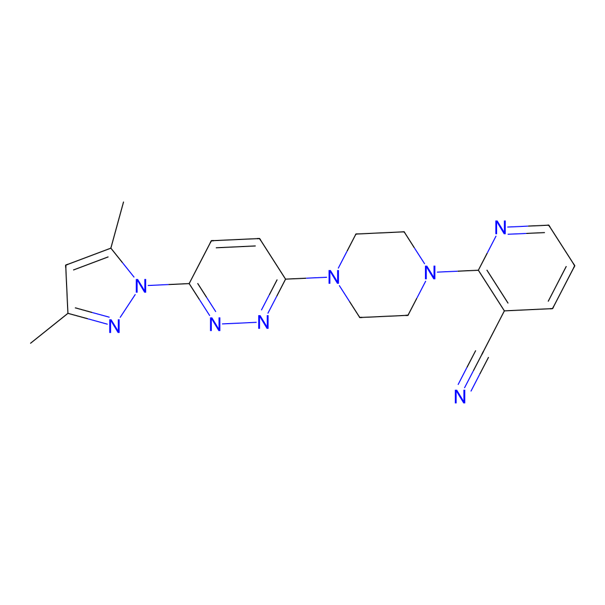 2-{4-[6-(3,5-dimethyl-1H-pyrazol-1-yl)pyridazin-3-yl]piperazin-1-yl}pyridine-3-carbonitrile molecular structure, CAS 2415531-29-0