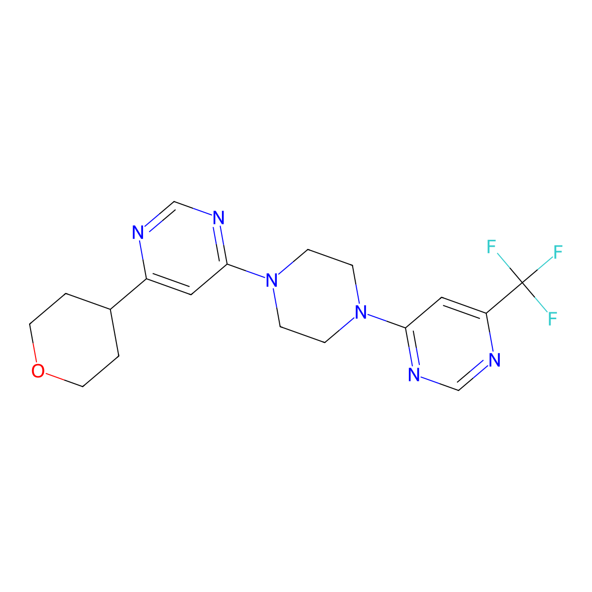 4-(Oxan-4-yl)-6-{4-[6-(trifluoromethyl)pyrimidin-4-yl]piperazin-1-yl}pyrimidine molecular structure, CAS 2415531-49-4