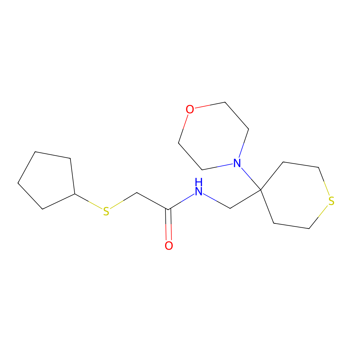 2-(cyclopentylsulfanyl)-N-{[4-(morpholin-4-yl)thian-4-yl]methyl}acetamide molecular structure, CAS 2415531-55-2