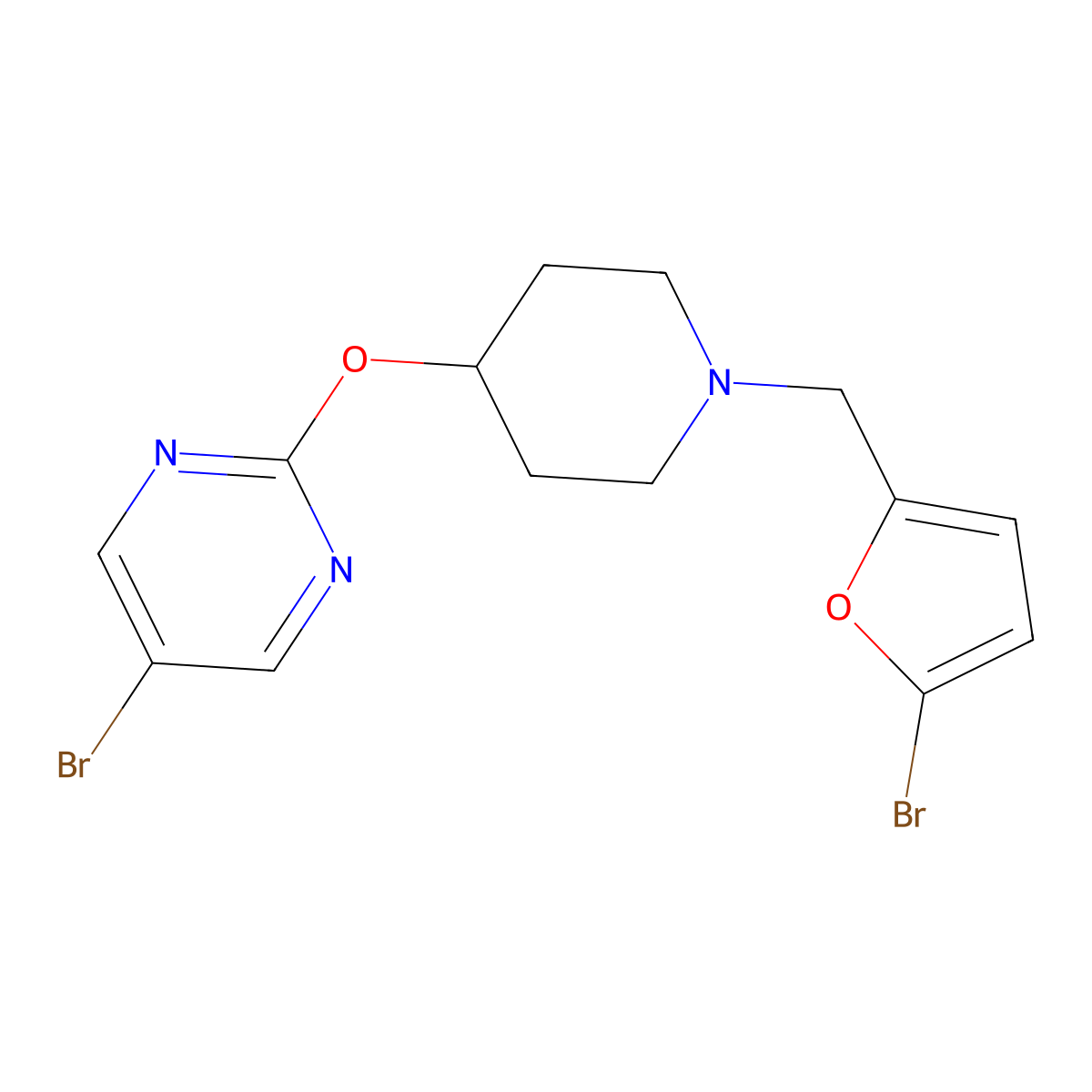 5-Bromo-2-({1-[(5-bromofuran-2-yl)methyl]piperidin-4-yl}oxy)pyrimidine molecular structure, CAS 2415531-56-3