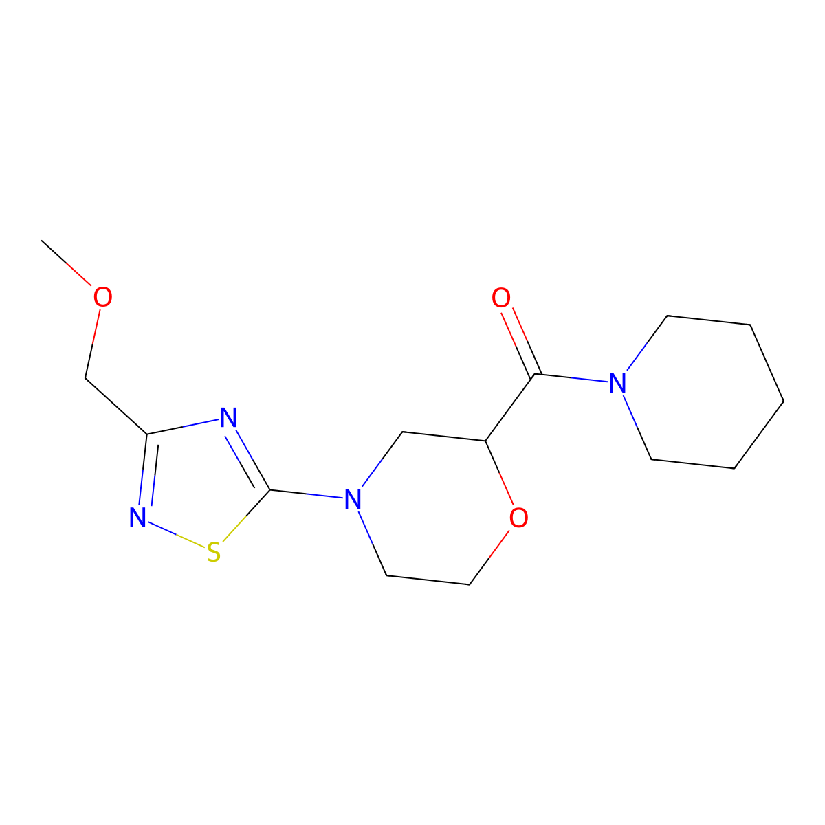 4-[3-(Methoxymethyl)-1,2,4-thiadiazol-5-yl]-2-(piperidine-1-carbonyl)morpholine molecular structure, CAS 2415531-57-4