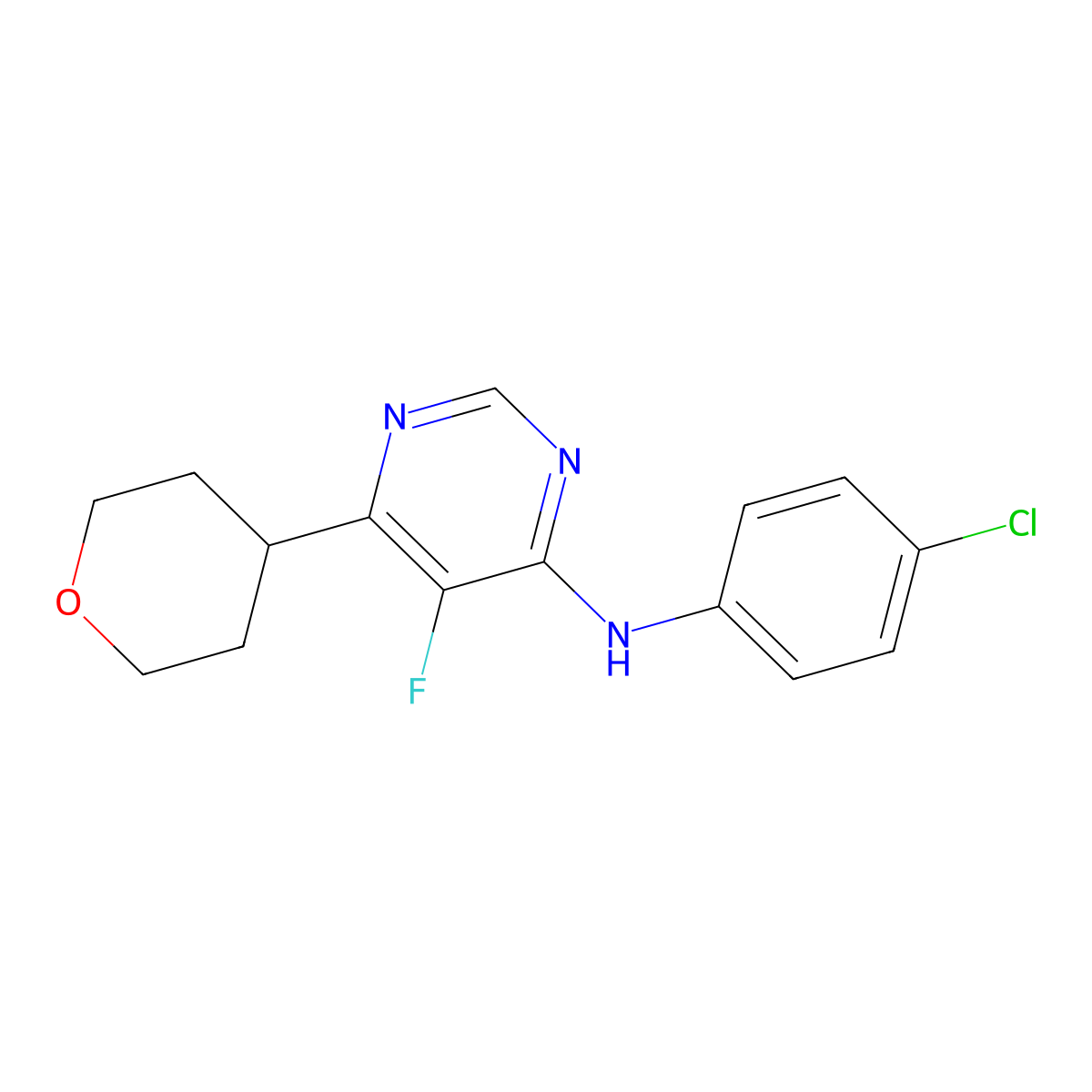 N-(4-chlorophenyl)-5-fluoro-6-(oxan-4-yl)pyrimidin-4-amine molecular structure, CAS 2415531-65-4