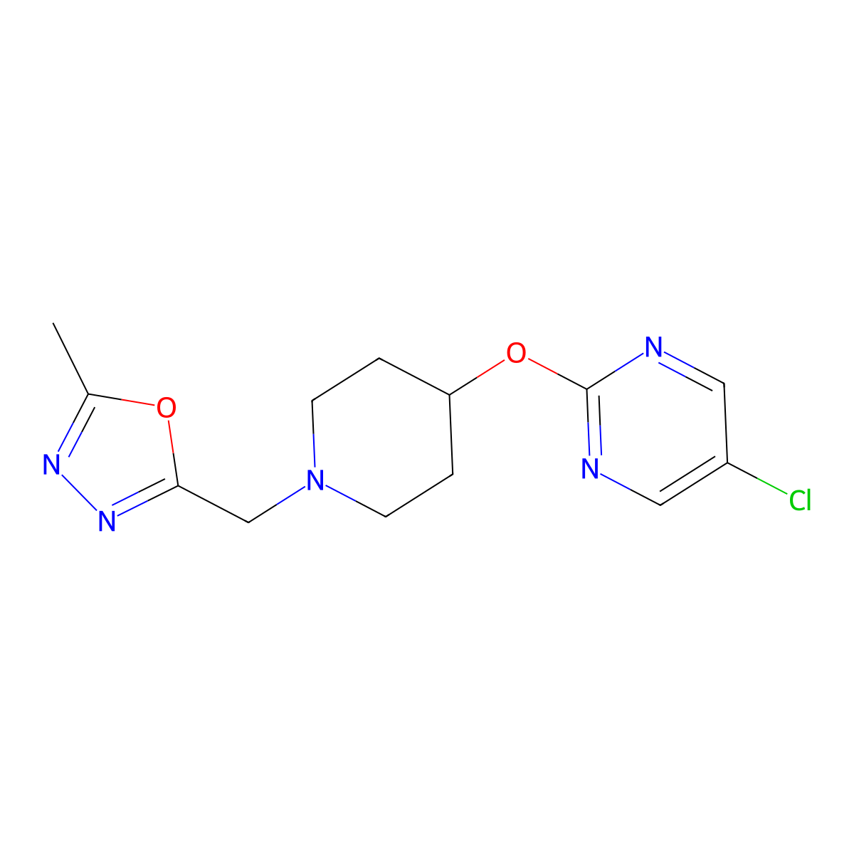 5-Chloro-2-({1-[(5-methyl-1,3,4-oxadiazol-2-yl)methyl]piperidin-4-yl}oxy)pyrimidine molecular structure, CAS 2415531-71-2