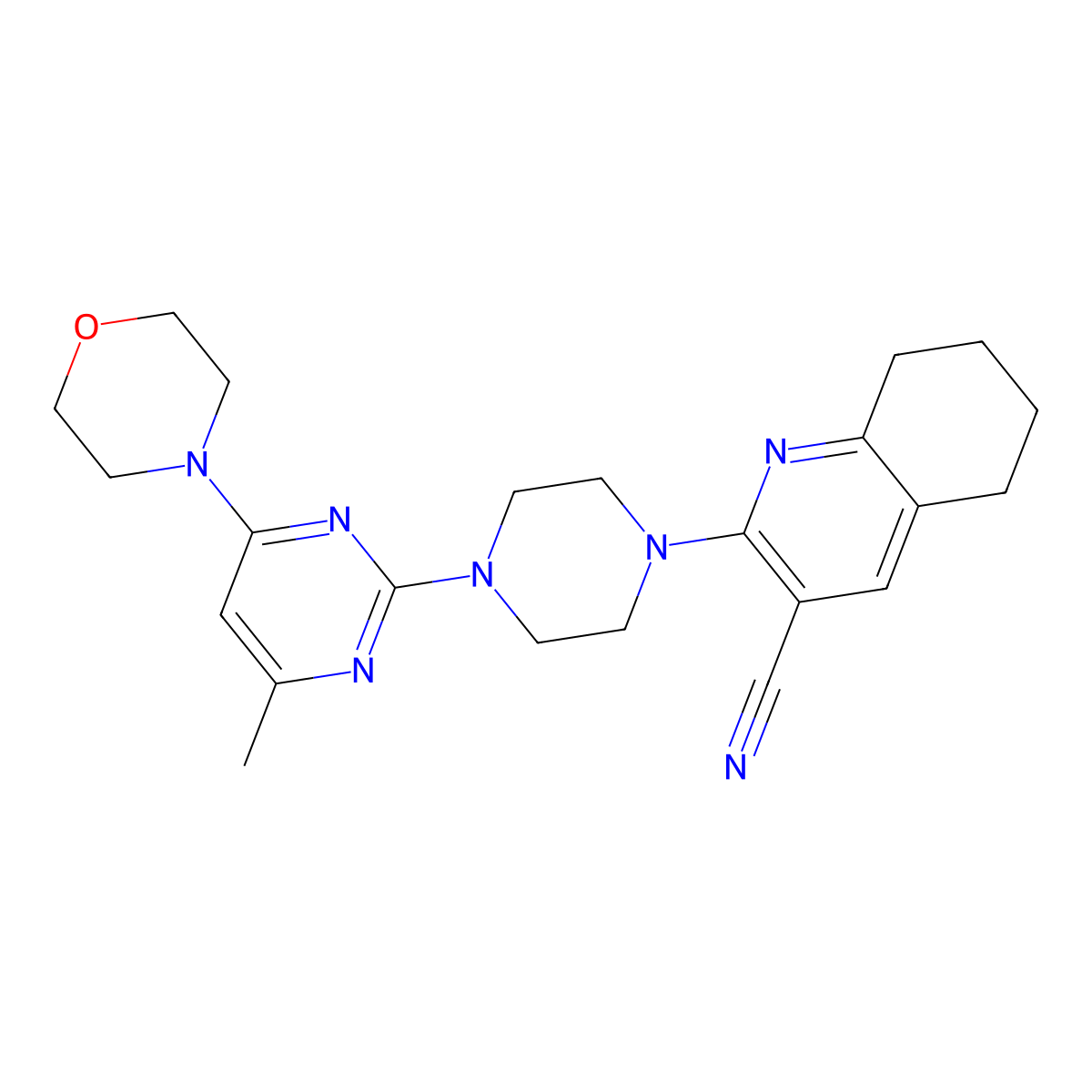 2-{4-[4-Methyl-6-(morpholin-4-yl)pyrimidin-2-yl]piperazin-1-yl}-5,6,7,8-tetrahydroquinoline-3-carbonitrile molecular structure, CAS 2415531-80-3