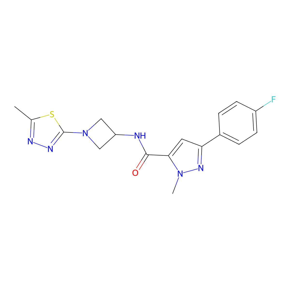 3-(4-fluorophenyl)-1-methyl-N-[1-(5-methyl-1,3,4-thiadiazol-2-yl)azetidin-3-yl]-1H-pyrazole-5-carboxamide molecular structure, CAS 2415531-89-2