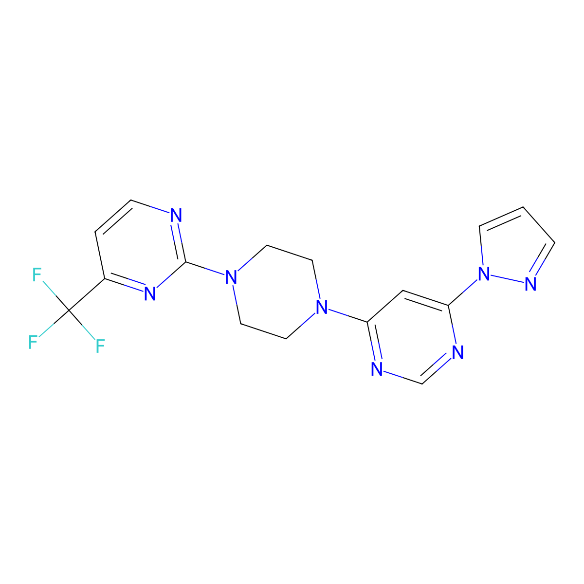 4-(1H-pyrazol-1-yl)-6-{4-[4-(trifluoromethyl)pyrimidin-2-yl]piperazin-1-yl}pyrimidine molecular structure, CAS 2415531-98-3