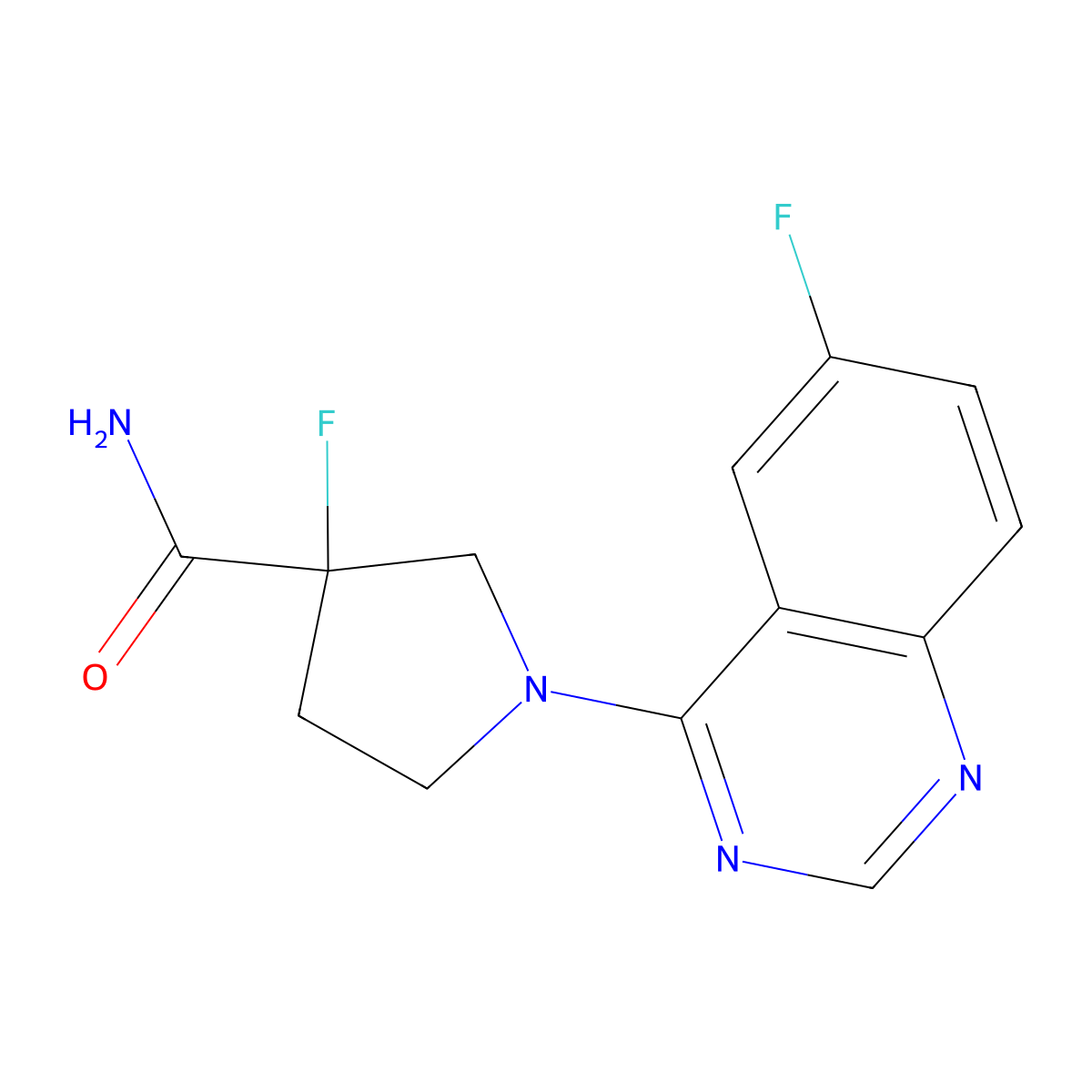3-Fluoro-1-(6-fluoroquinazolin-4-yl)pyrrolidine-3-carboxamide molecular structure, CAS 2415531-99-4