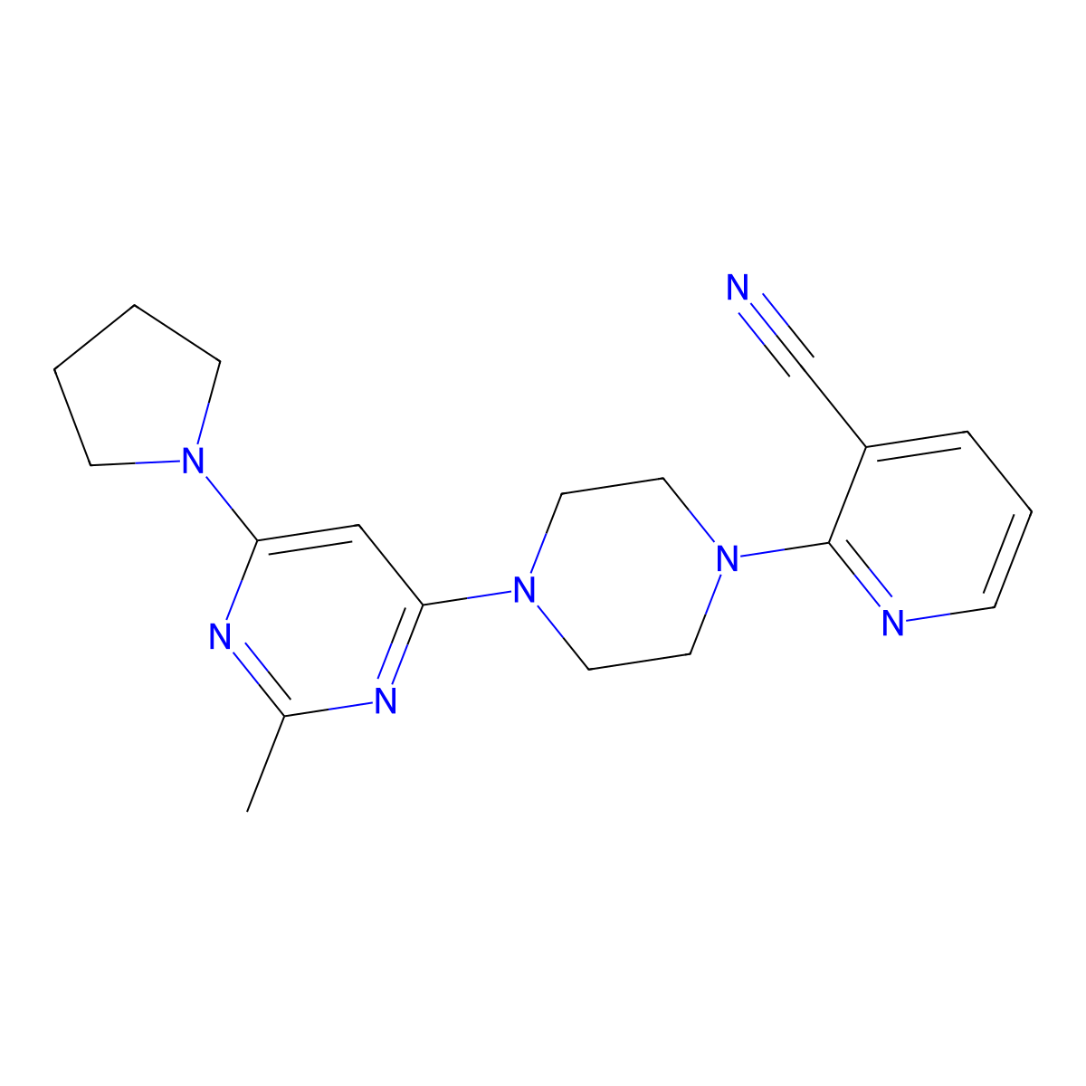 2-{4-[2-Methyl-6-(pyrrolidin-1-yl)pyrimidin-4-yl]piperazin-1-yl}pyridine-3-carbonitrile molecular structure, CAS 2415532-00-0
