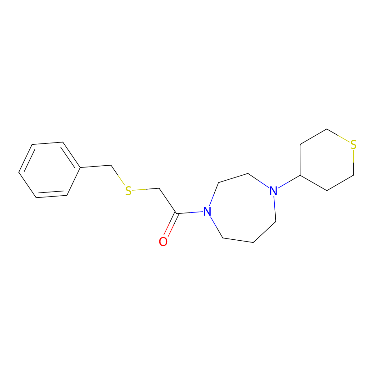 2-(Benzylsulfanyl)-1-[4-(thian-4-yl)-1,4-diazepan-1-yl]ethan-1-one molecular structure, CAS 2415532-03-3