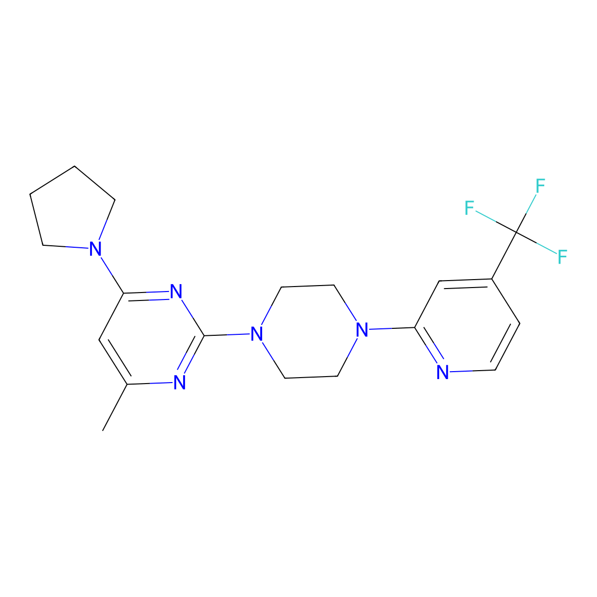 4-Methyl-6-(pyrrolidin-1-yl)-2-{4-[4-(trifluoromethyl)pyridin-2-yl]piperazin-1-yl}pyrimidine molecular structure, CAS 2415532-12-4
