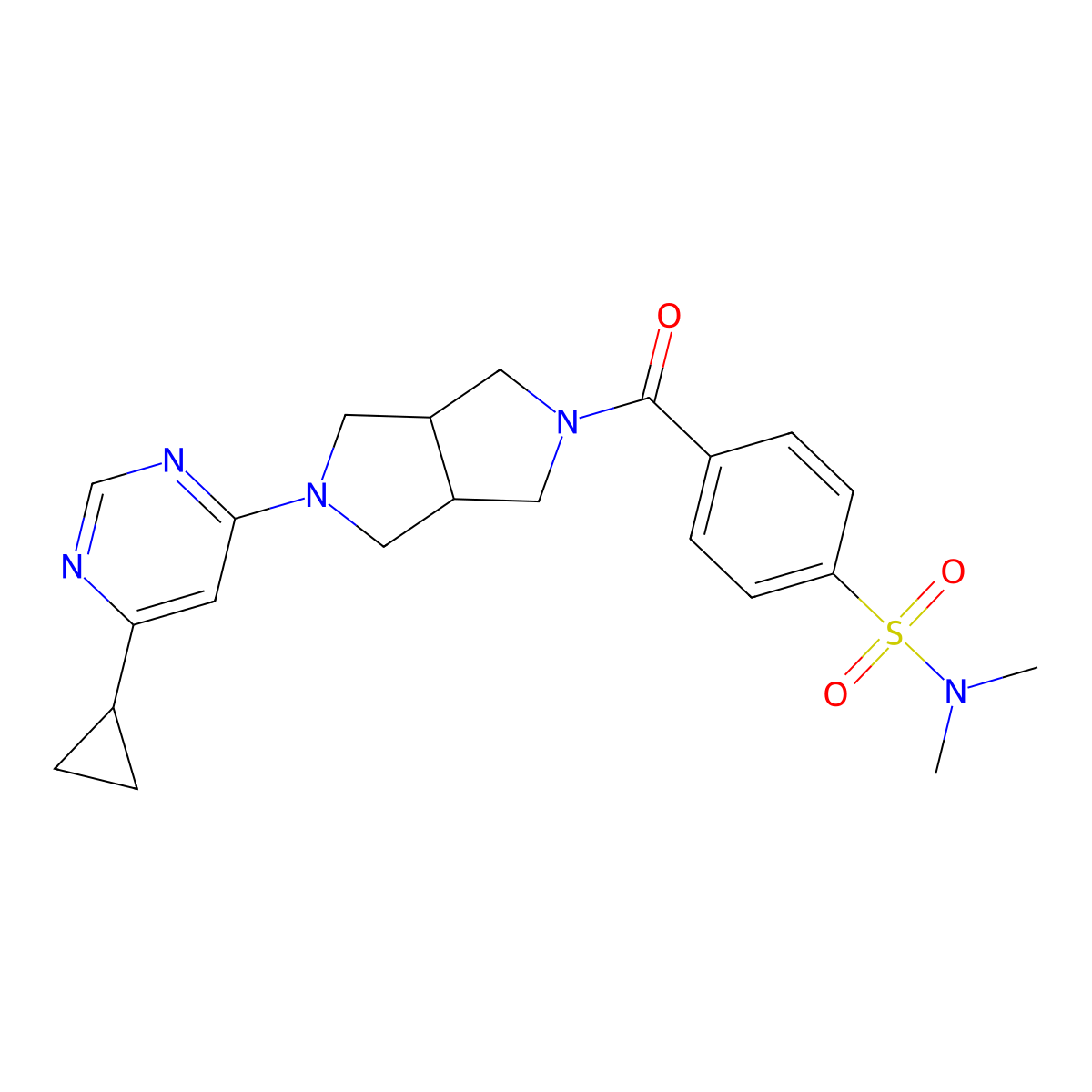 4-[5-(6-cyclopropylpyrimidin-4-yl)-octahydropyrrolo[3,4-c]pyrrole-2-carbonyl]-N,N-dimethylbenzene-1-sulfonamide molecular structure, CAS 2415532-25-9