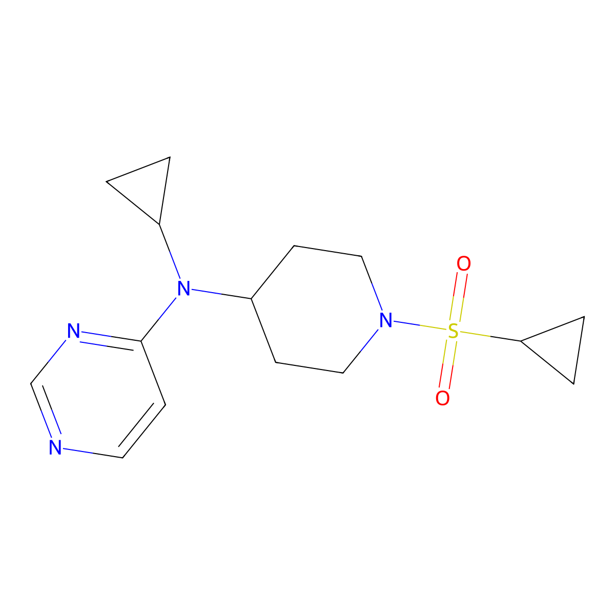 N-[1-(cyclopropanesulfonyl)piperidin-4-yl]-N-cyclopropylpyrimidin-4-amine molecular structure, CAS 2415532-31-7