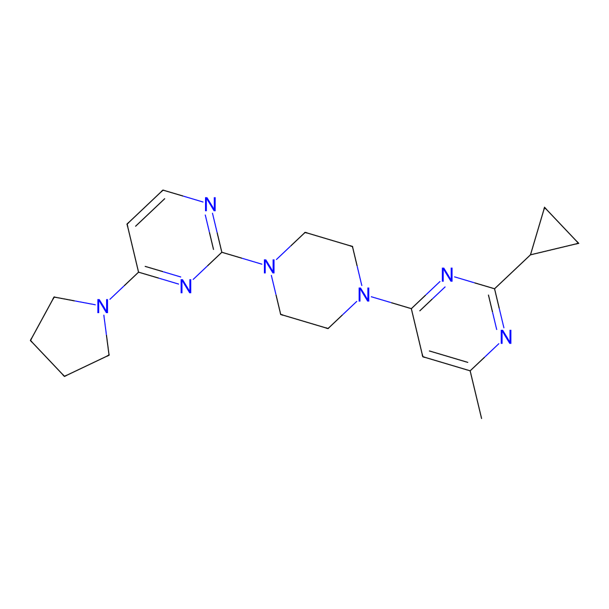 2-Cyclopropyl-4-methyl-6-{4-[4-(pyrrolidin-1-yl)pyrimidin-2-yl]piperazin-1-yl}pyrimidine molecular structure, CAS 2415532-33-9