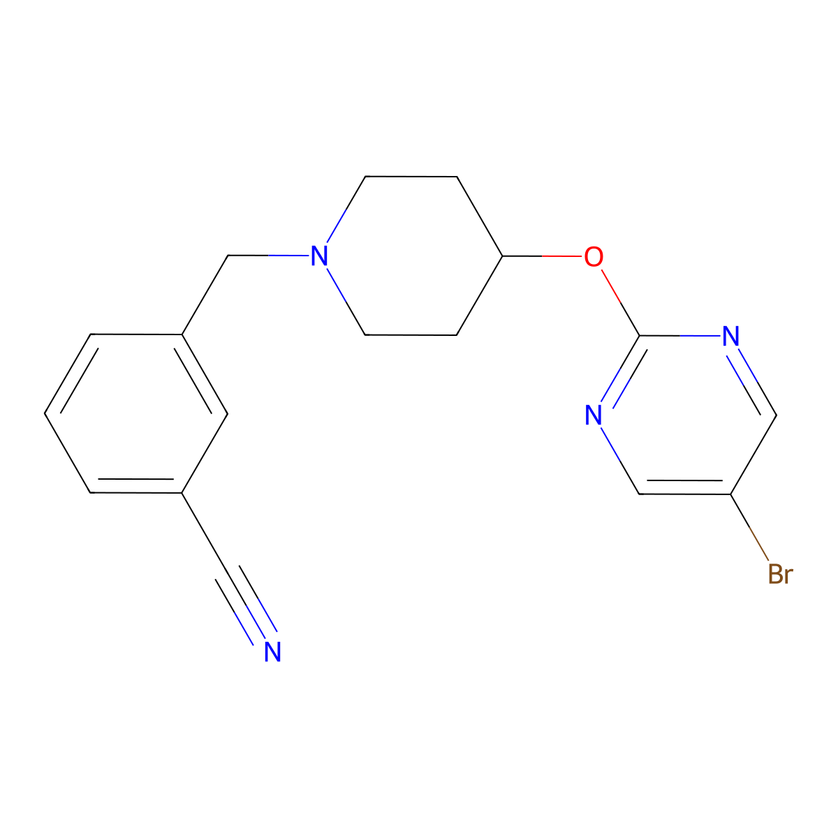 3-({4-[(5-Bromopyrimidin-2-yl)oxy]piperidin-1-yl}methyl)benzonitrile molecular structure, CAS 2415532-49-7