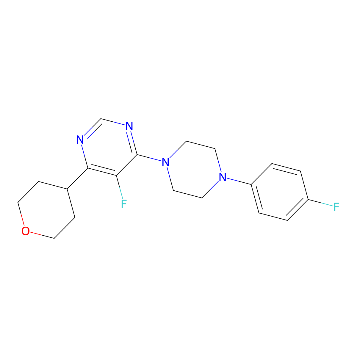 5-Fluoro-4-[4-(4-fluorophenyl)piperazin-1-yl]-6-(oxan-4-yl)pyrimidine molecular structure, CAS 2415532-50-0