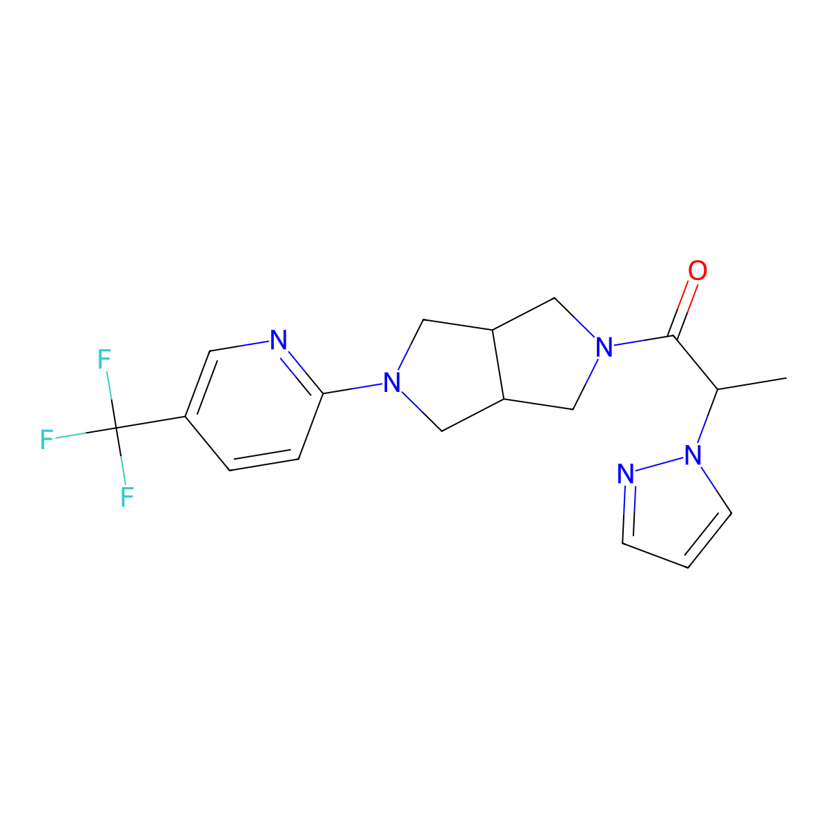 2-(1H-pyrazol-1-yl)-1-{5-[5-(trifluoromethyl)pyridin-2-yl]-octahydropyrrolo[3,4-c]pyrrol-2-yl}propan-1-one molecular structure, CAS 2415532-52-2