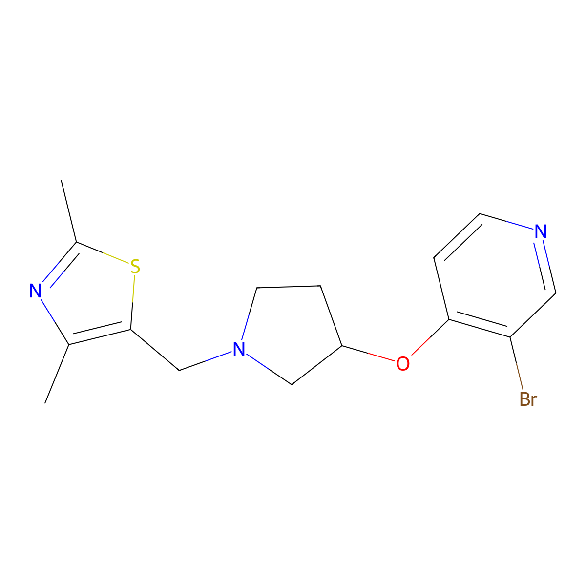 3-Bromo-4-({1-[(2,4-dimethyl-1,3-thiazol-5-yl)methyl]pyrrolidin-3-yl}oxy)pyridine molecular structure, CAS 2415532-54-4