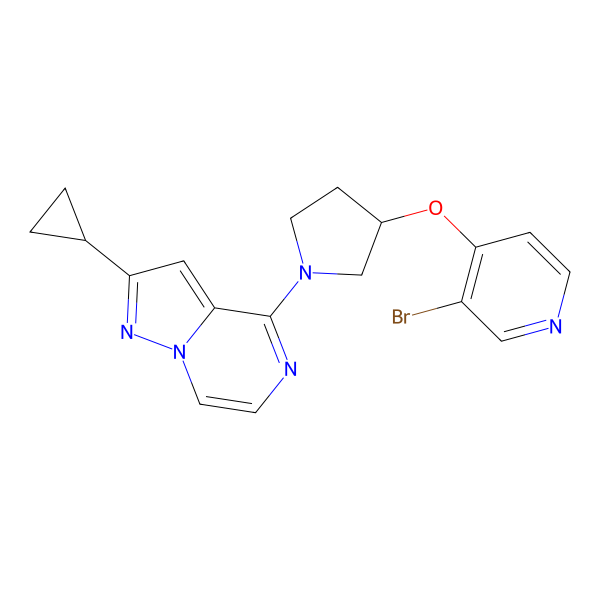 3-Bromo-4-[(1-{2-cyclopropylpyrazolo[1,5-a]pyrazin-4-yl}pyrrolidin-3-yl)oxy]pyridine molecular structure, CAS 2415532-62-4