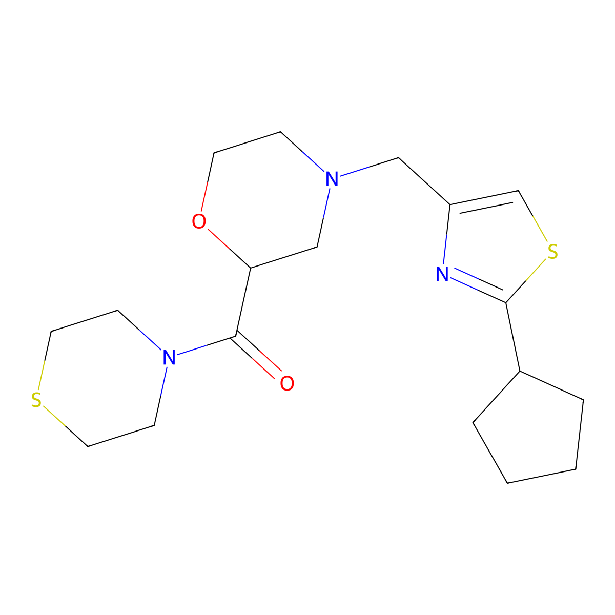 4-[(2-Cyclopentyl-1,3-thiazol-4-yl)methyl]-2-(thiomorpholine-4-carbonyl)morpholine molecular structure, CAS 2415532-68-0