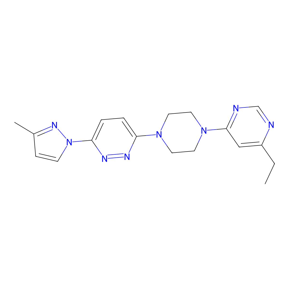 3-[4-(6-ethylpyrimidin-4-yl)piperazin-1-yl]-6-(3-methyl-1H-pyrazol-1-yl)pyridazine molecular structure, CAS 2415532-73-7