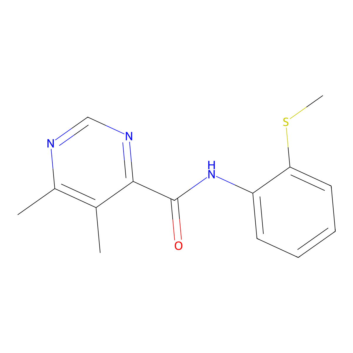 5,6-dimethyl-N-[2-(methylsulfanyl)phenyl]pyrimidine-4-carboxamide molecular structure, CAS 2415532-76-0