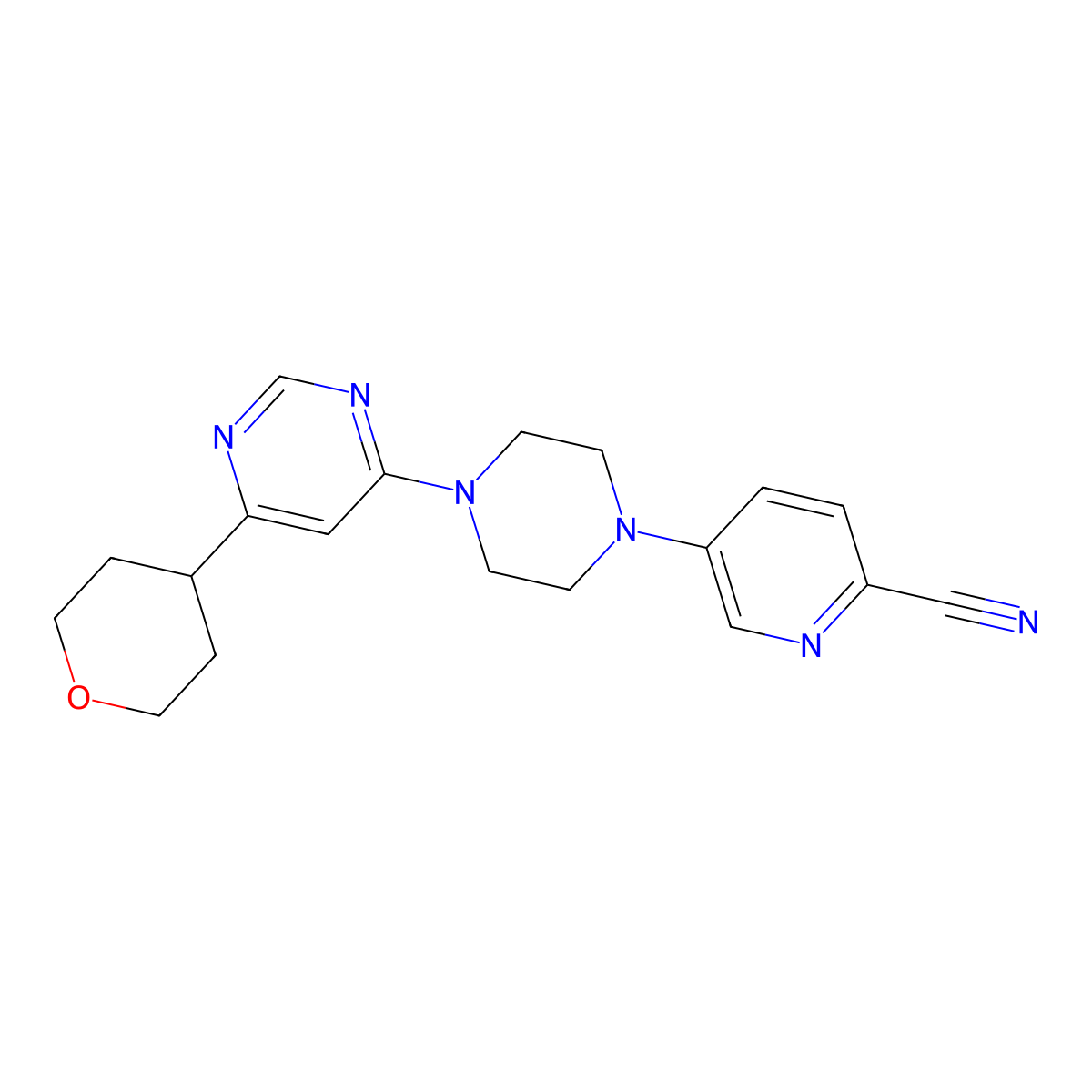 5-{4-[6-(Oxan-4-yl)pyrimidin-4-yl]piperazin-1-yl}pyridine-2-carbonitrile molecular structure, CAS 2415532-83-9
