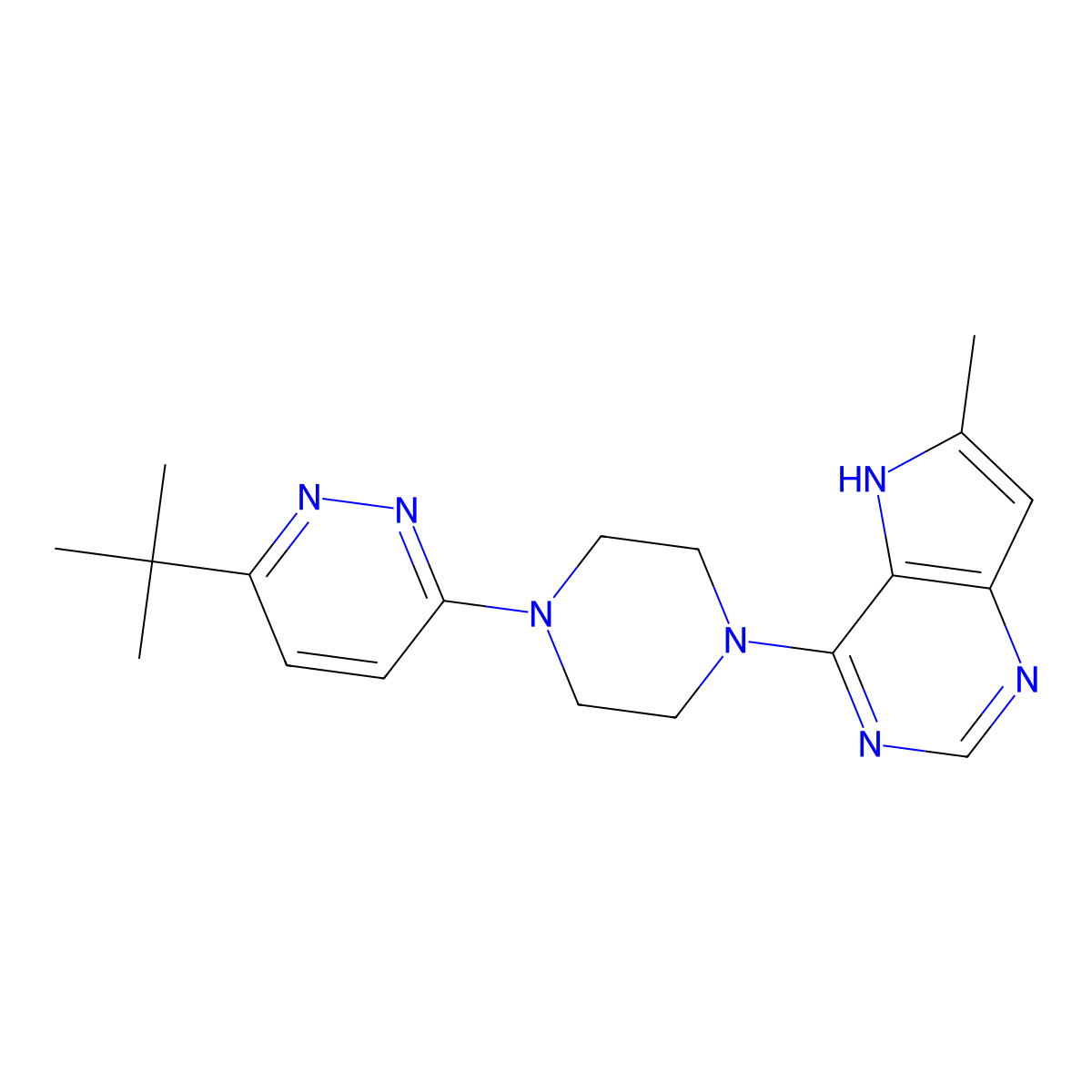 3-tert-butyl-6-(4-{6-methyl-5H-pyrrolo[3,2-d]pyrimidin-4-yl}piperazin-1-yl)pyridazine molecular structure, CAS 2415532-87-3
