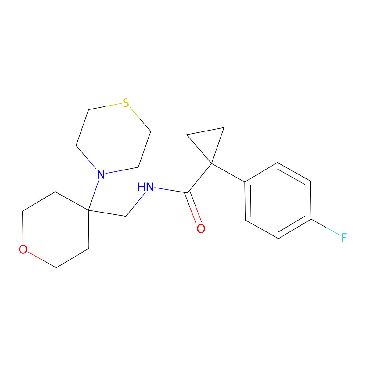 1-(4-fluorophenyl)-N-{[4-(thiomorpholin-4-yl)oxan-4-yl]methyl}cyclopropane-1-carboxamide molecular structure, CAS 2415532-92-0