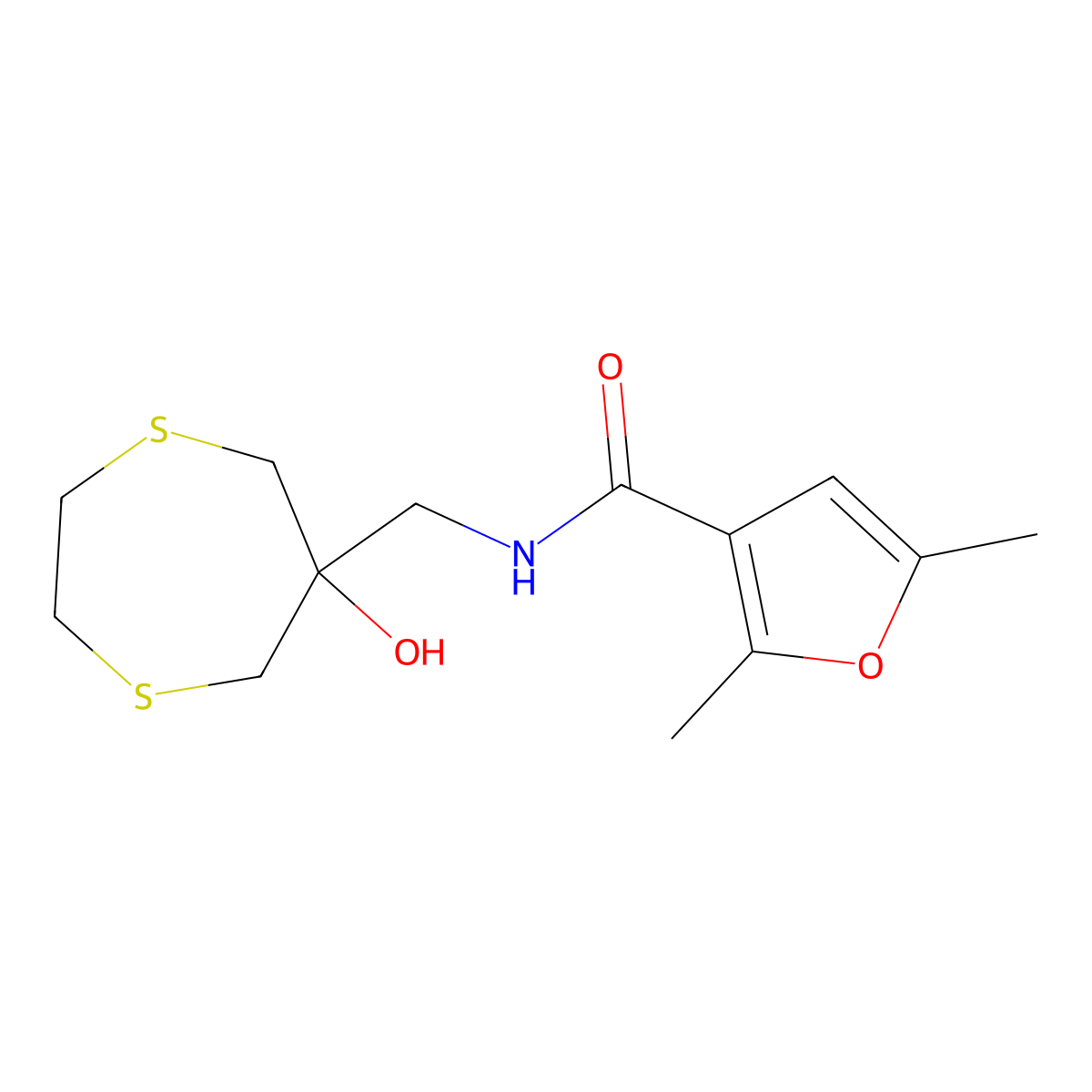 N-[(6-Hydroxy-1,4-dithiepan-6-yl)methyl]-2,5-dimethylfuran-3-carboxamide molecular structure, CAS 2415532-97-5