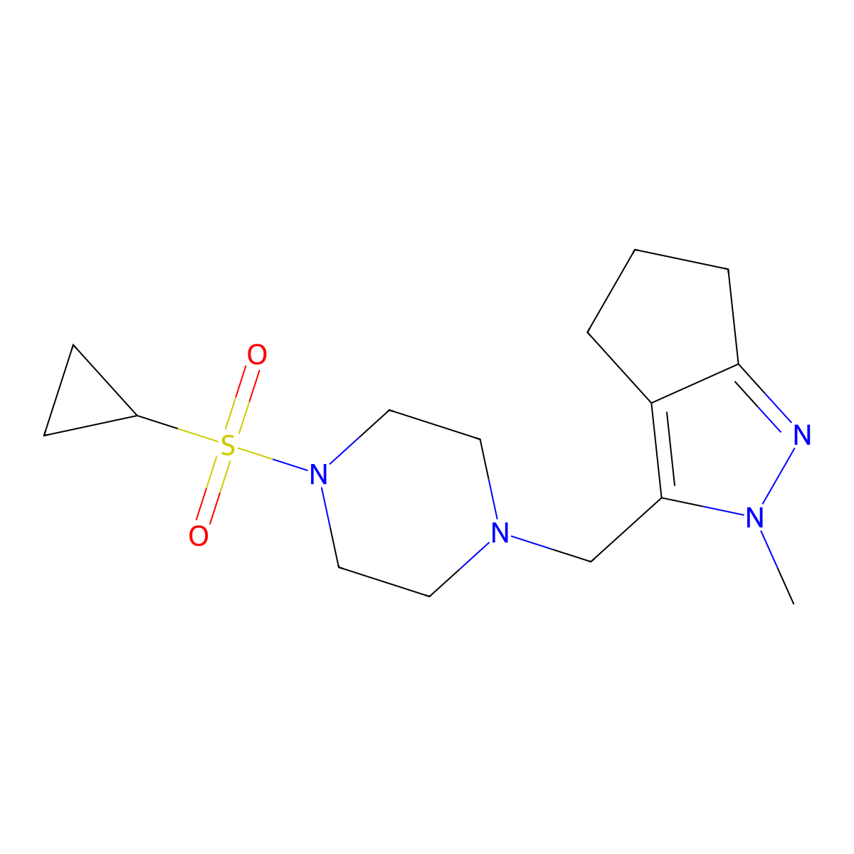 1-(cyclopropanesulfonyl)-4-({2-methyl-2H,4H,5H,6H-cyclopenta[c]pyrazol-3-yl}methyl)piperazine molecular structure, CAS 2415532-99-7