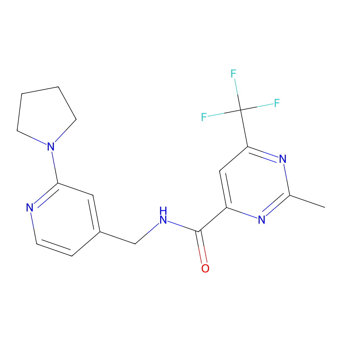 2-methyl-N-{[2-(pyrrolidin-1-yl)pyridin-4-yl]methyl}-6-(trifluoromethyl)pyrimidine-4-carboxamide molecular structure, CAS 2415533-03-6