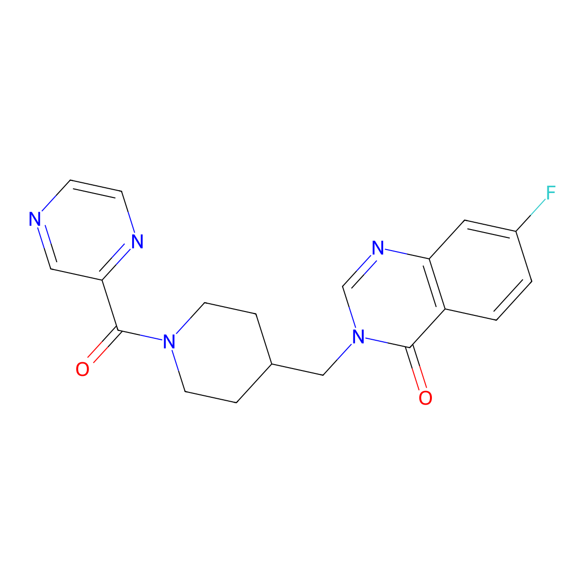 7-Fluoro-3-{[1-(pyrazine-2-carbonyl)piperidin-4-yl]methyl}-3,4-dihydroquinazolin-4-one molecular structure, CAS 2415533-05-8