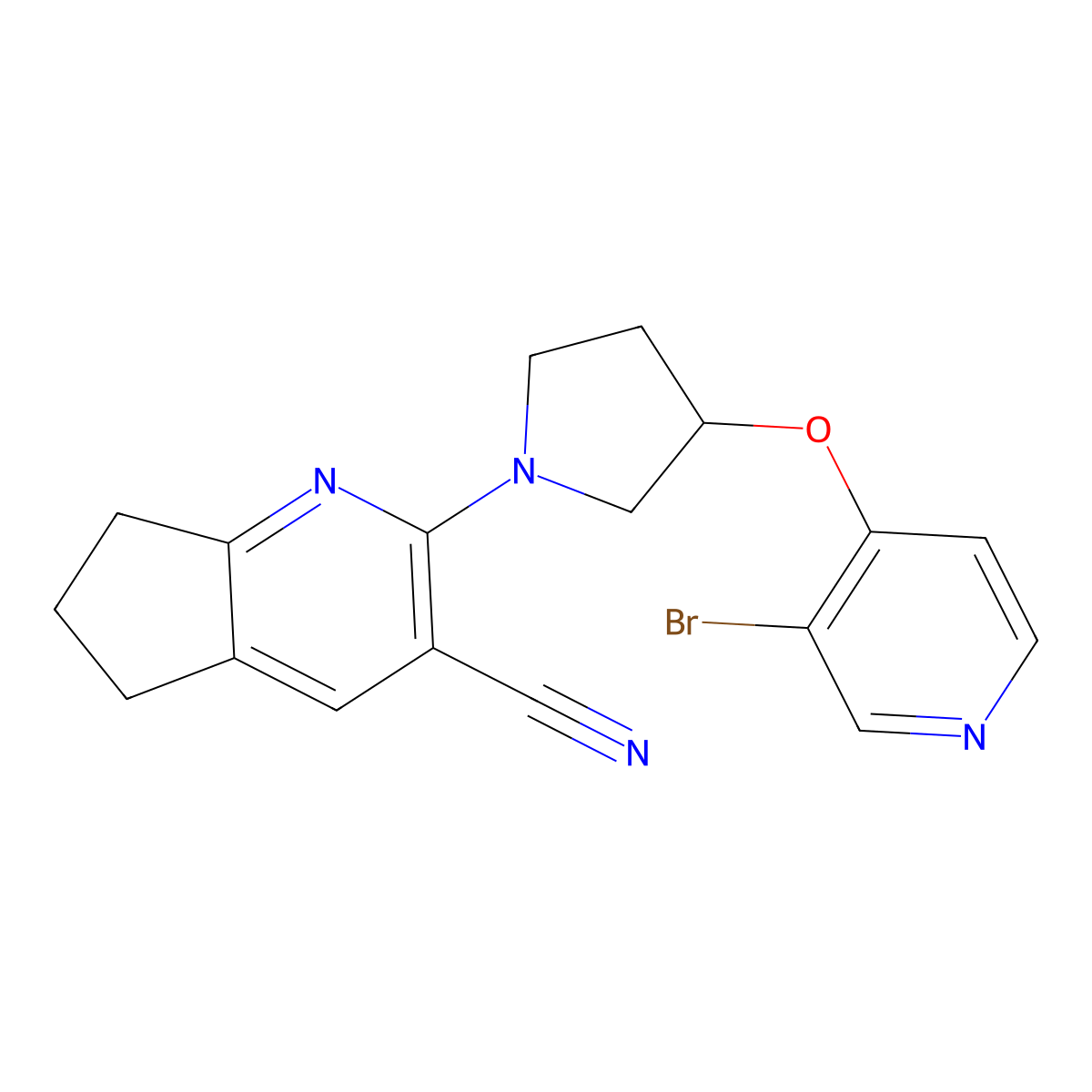 2-{3-[(3-bromopyridin-4-yl)oxy]pyrrolidin-1-yl}-5H,6H,7H-cyclopenta[b]pyridine-3-carbonitrile molecular structure, CAS 2415533-06-9